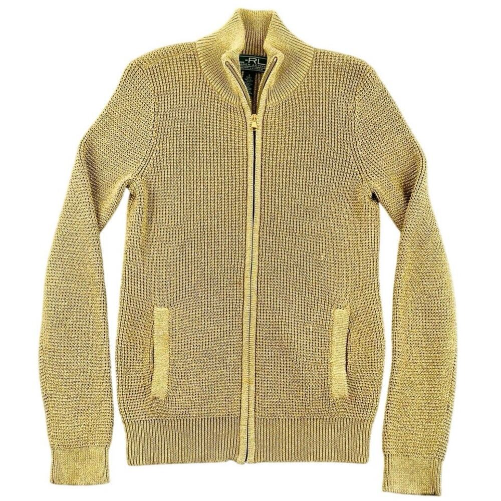 L-RL Lauren Active Ralph Lauren Gold Metallic Knit Zip Cardigan Sweater - S